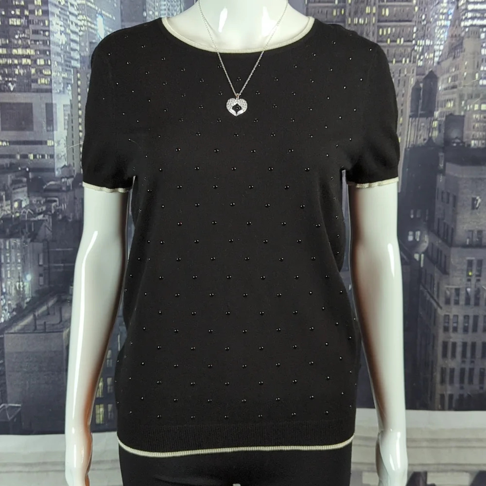 ELLE sz M Short Sleeve Knit Top with Black Studded Embelishment